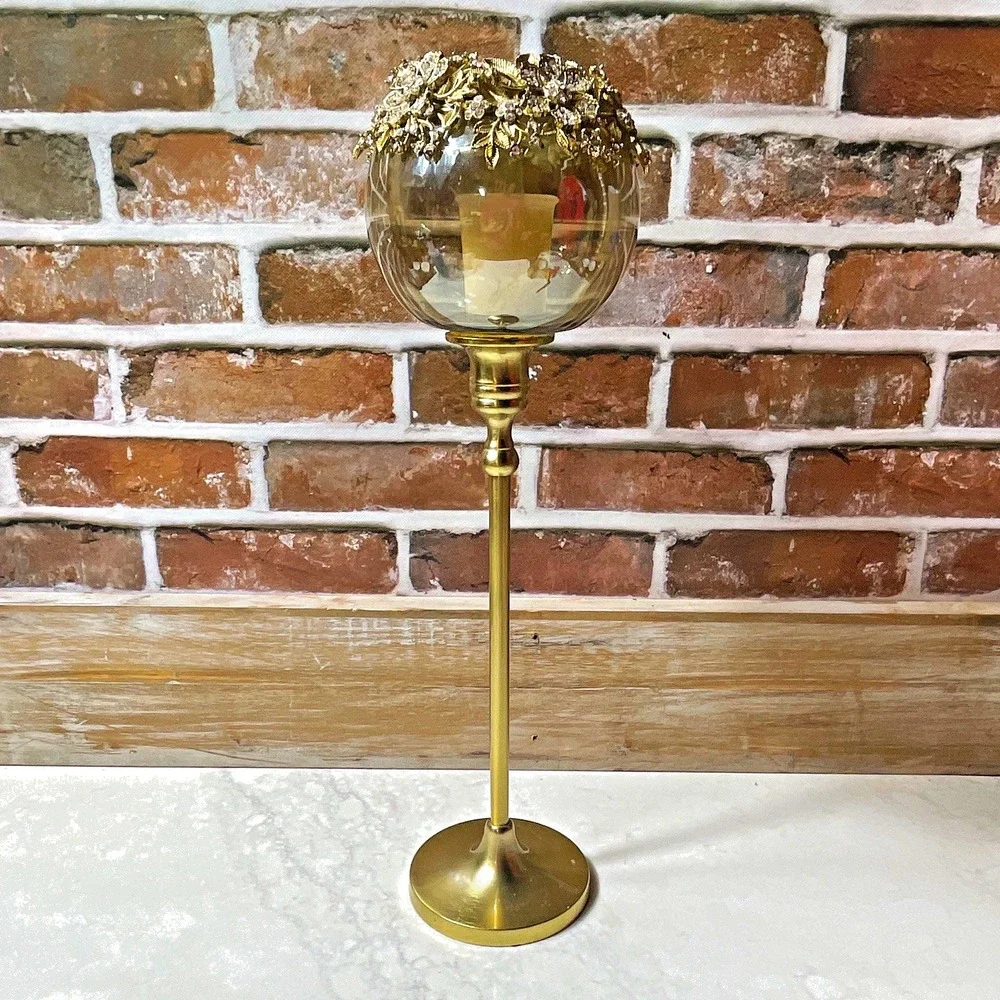 Gold Metal Clear Glass Floral Rhinestone Rim Pedestal Globe Hurricane Holder